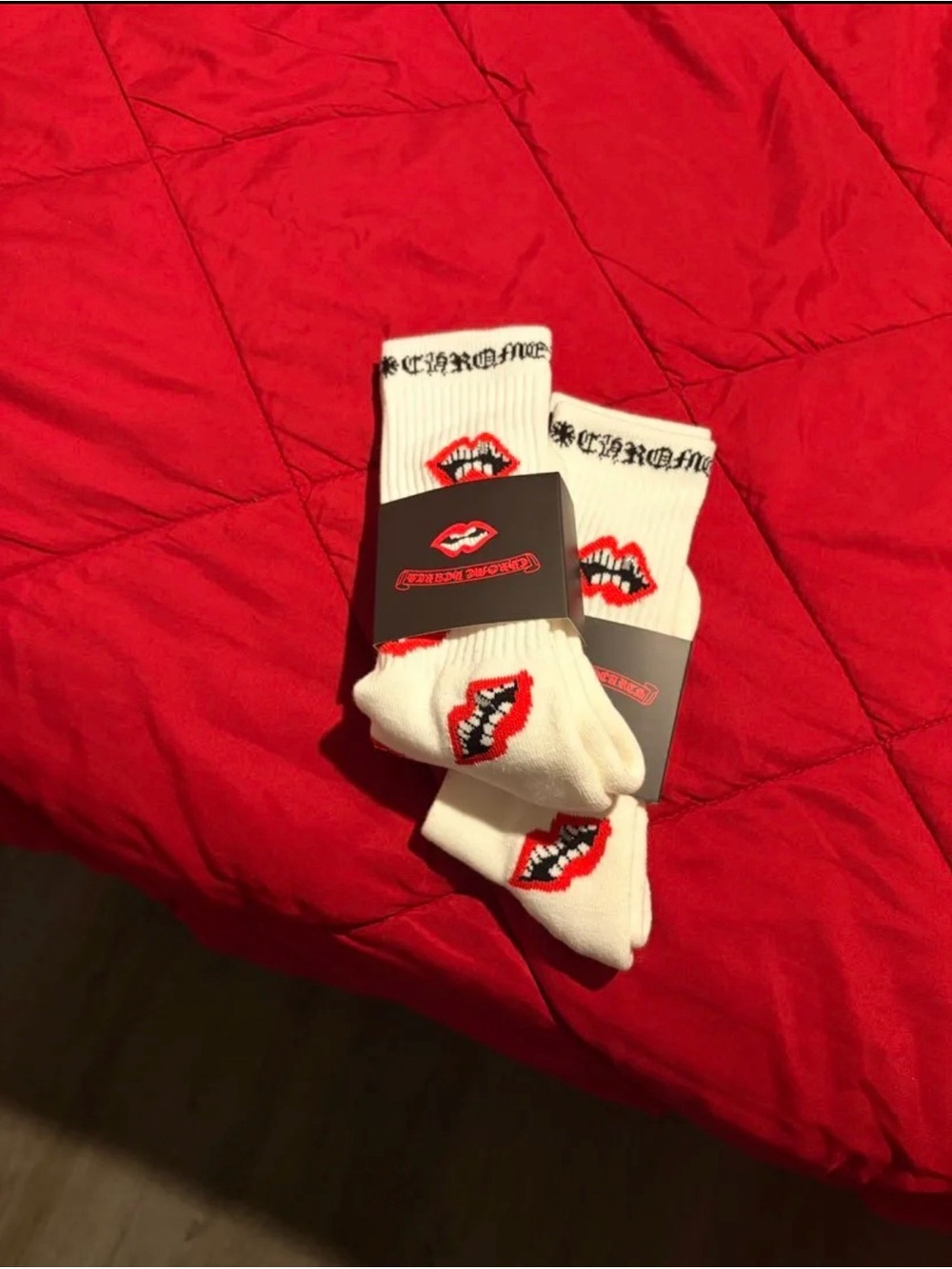 Chrome Hearts White Crew Socks with Red Lip Motif